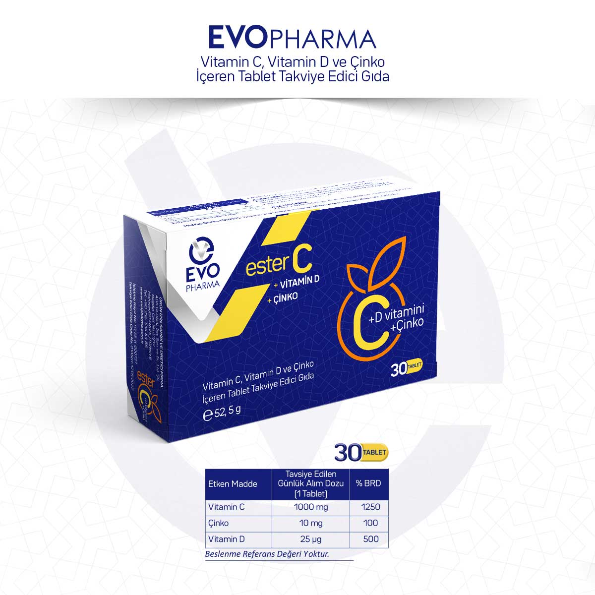 EVOPHARMA Vitamin C, Vitamin D ve Çinko İçeren Tablet Takviye Edici Gıda/30 Tablet 247