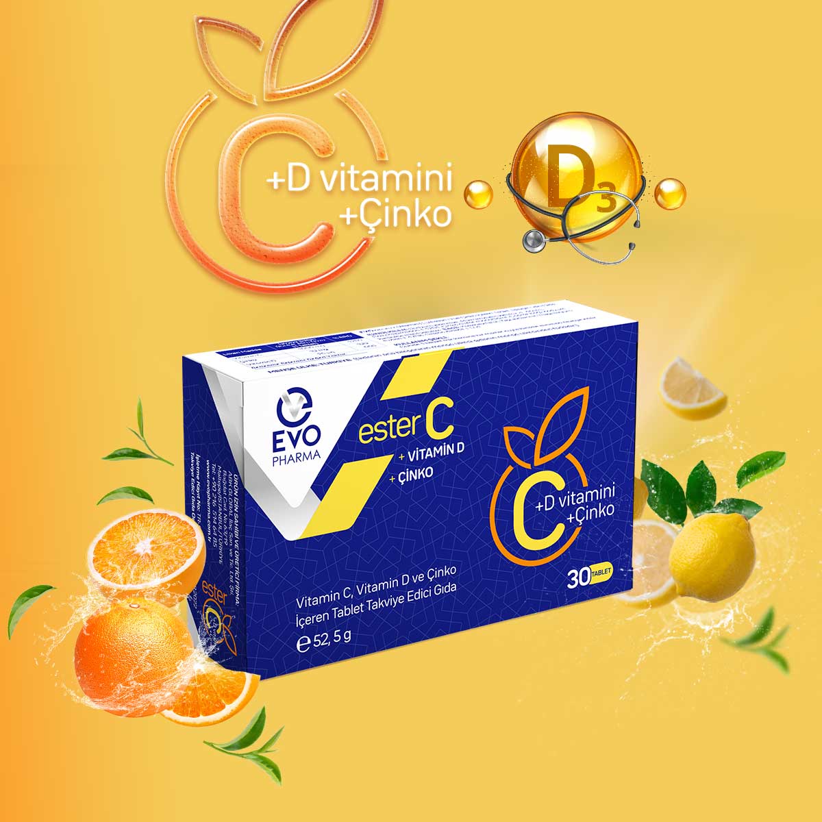 EVOPHARMA Vitamin C, Vitamin D ve Çinko İçeren Tablet Takviye Edici Gıda/30 Tablet 246