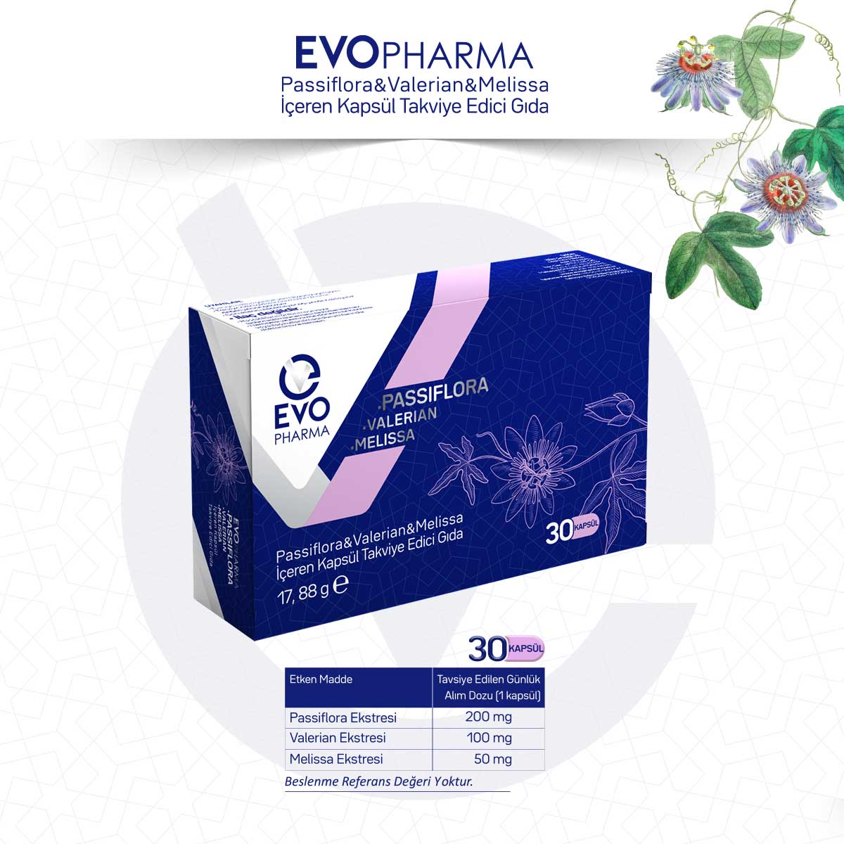 EVOPHARMA Passiflora, Valerian, Melissa İçeren Kapsül Takviye Edici Gıda/30 Kapsül 551
