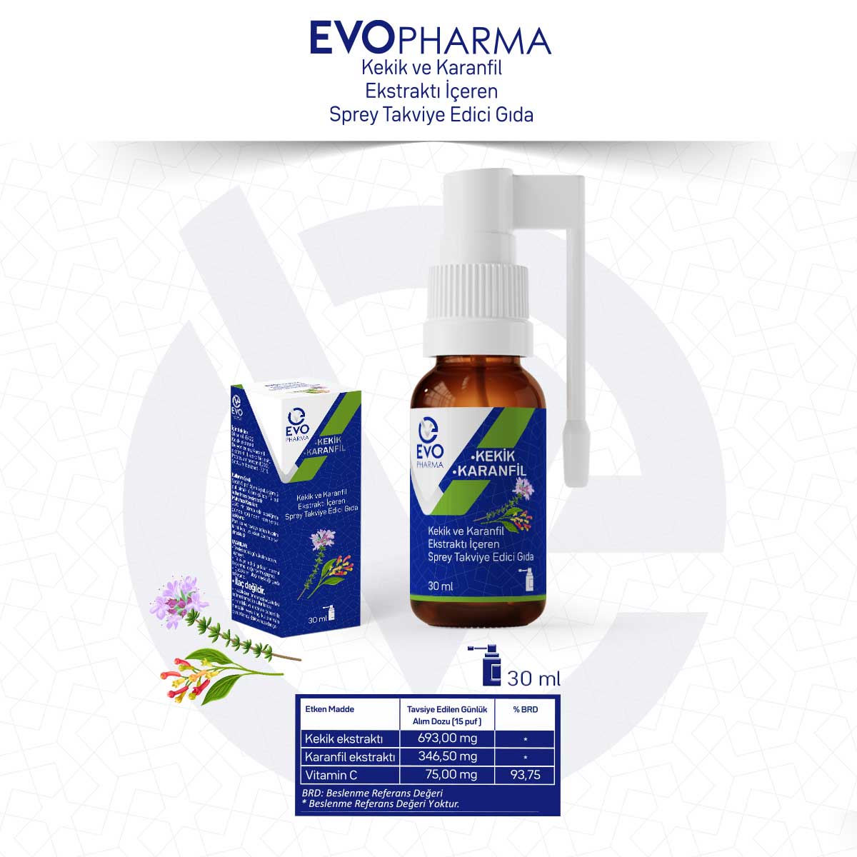 EVOPHARMA Kekik ve Karanfil Ekstraktı İçeren Sprey Takviye Edici Gıda/30 ml 284