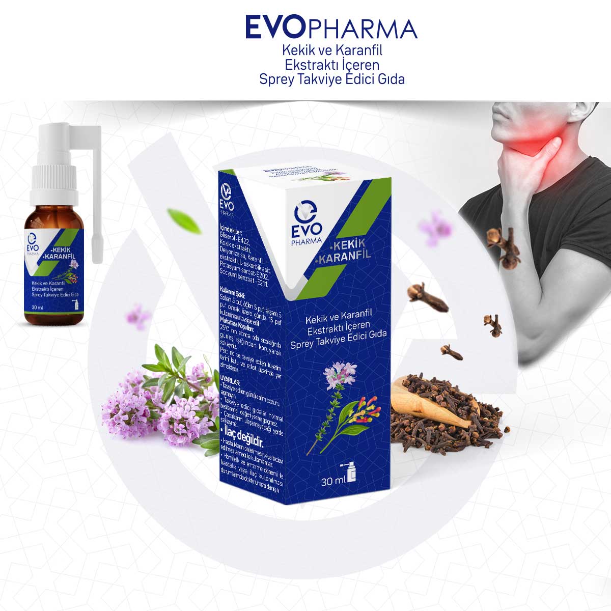 EVOPHARMA Kekik ve Karanfil Ekstraktı İçeren Sprey Takviye Edici Gıda/30 ml 285