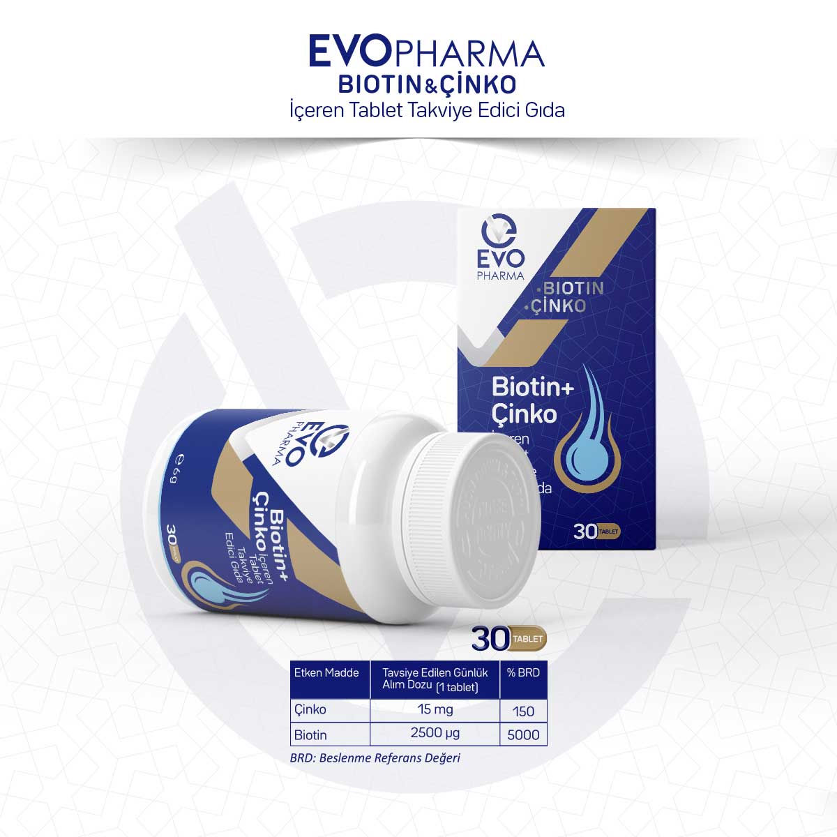 EVOPHARMA Biotin + Çinko İçeren Tablet Takviye Edici Gıda/30 Tablet  356