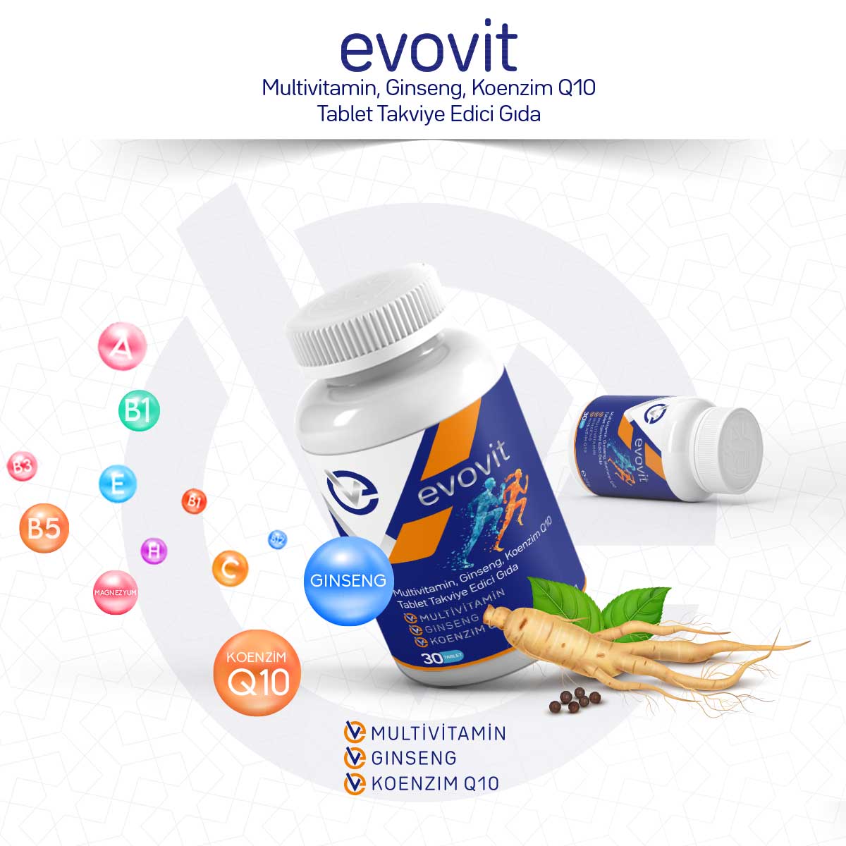EVOVİT Multivitamin, Ginseng, Koenzim Q10 Tablet Takviye Edici Gıda/30 Tablet 366