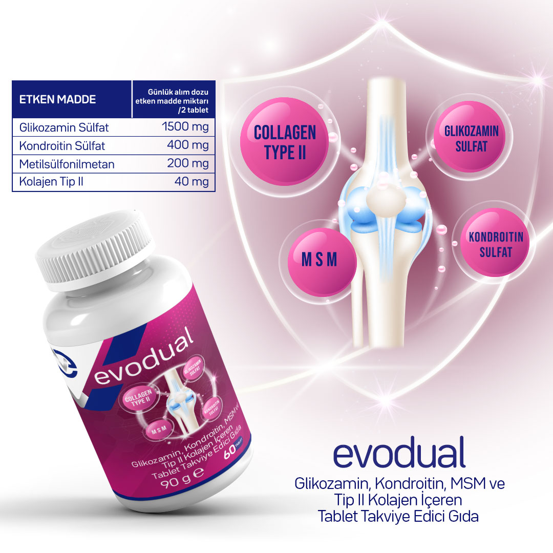EVODUAL Glikozamin, Kondroitin, MSM ve Tip II Kolajen İçeren Tablet Takviye Edici Gıda/60 Tablet 371