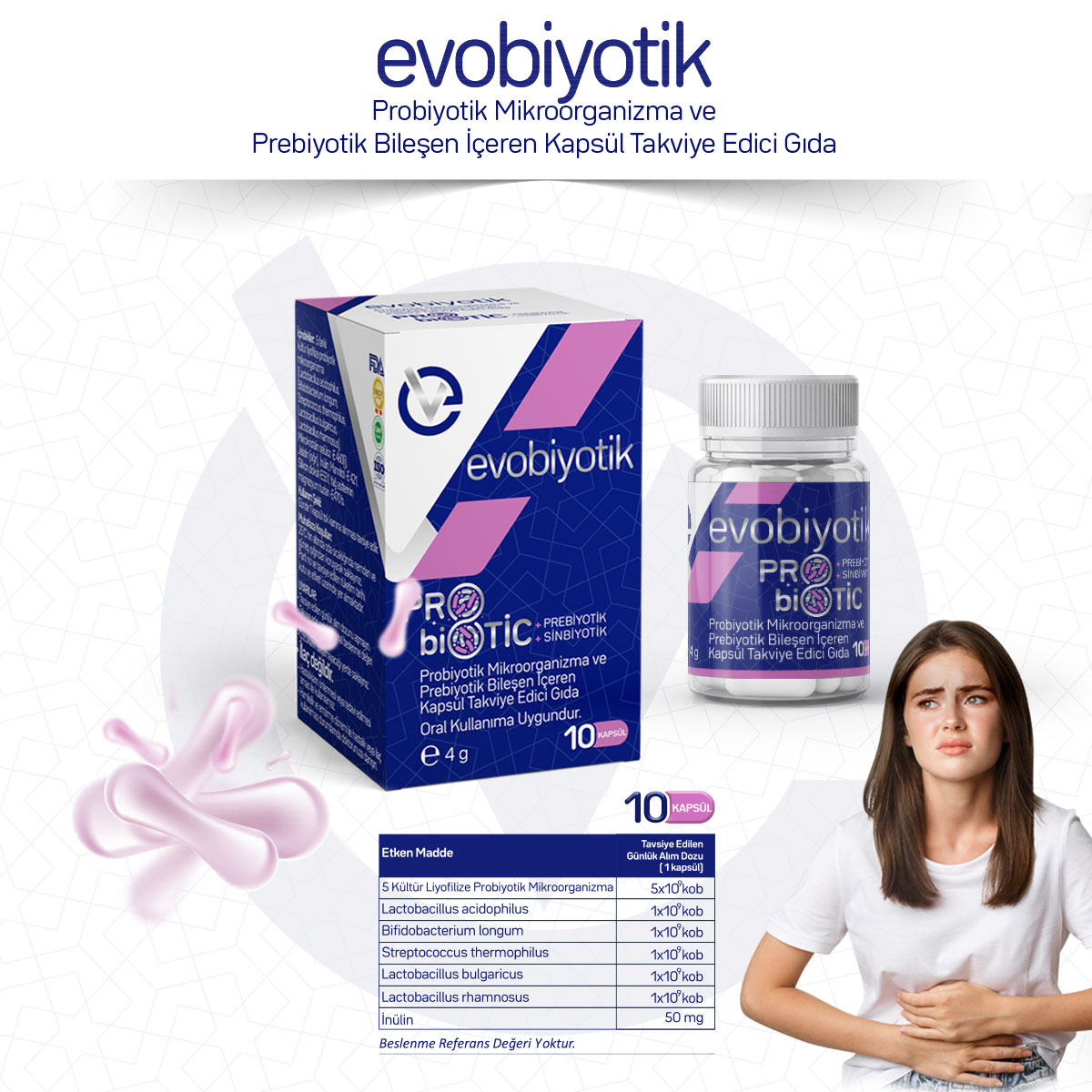 EVOBİYOTİK Probiyotik Mikroorganizma ve Prebiyotik Bileşen İçeren Kapsül Takviye Edici Gıda/10 Kapsül 392